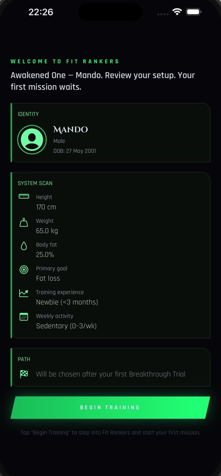 App screen: your Ranker profile setup and system scan