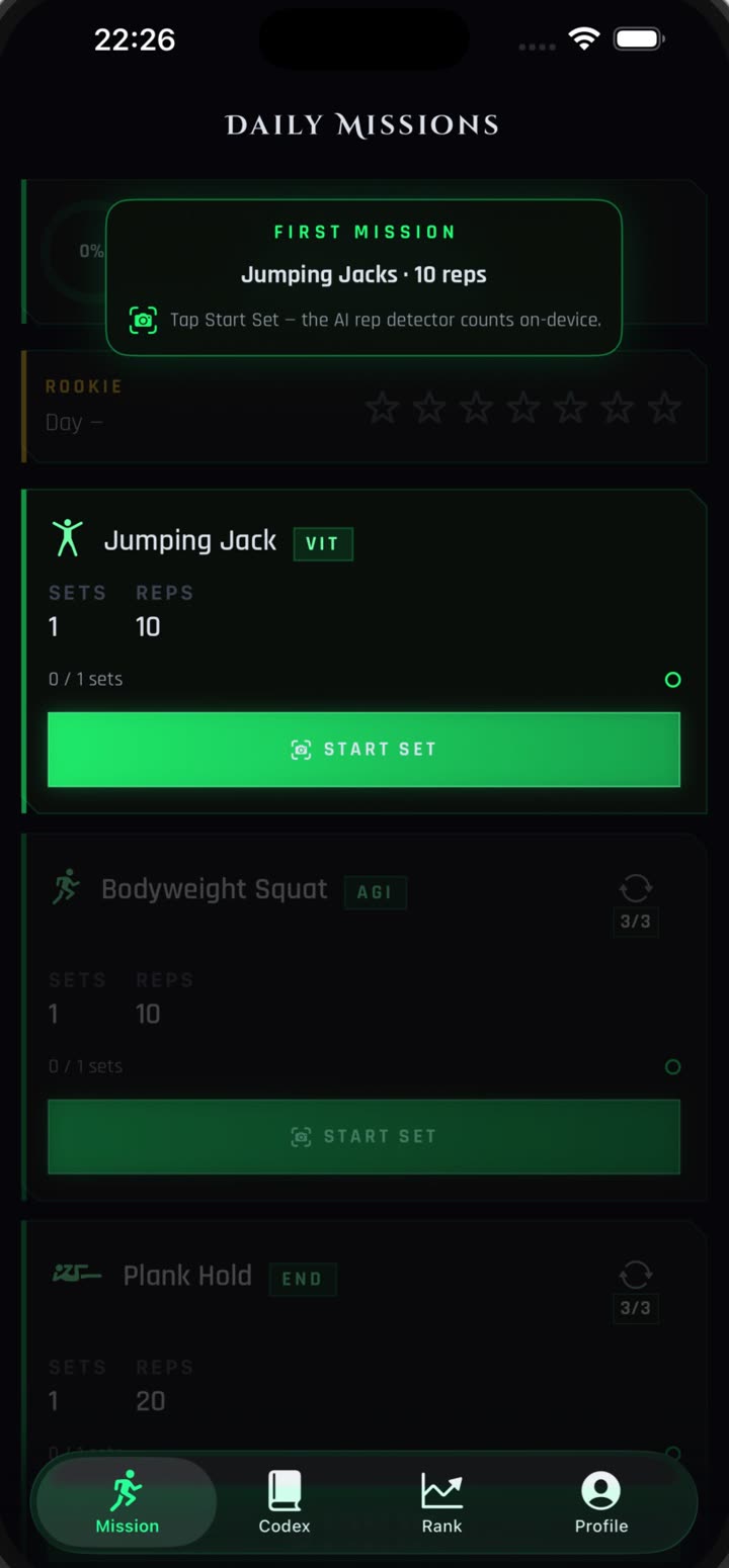App screen: today's Daily Missions with AI rep detection