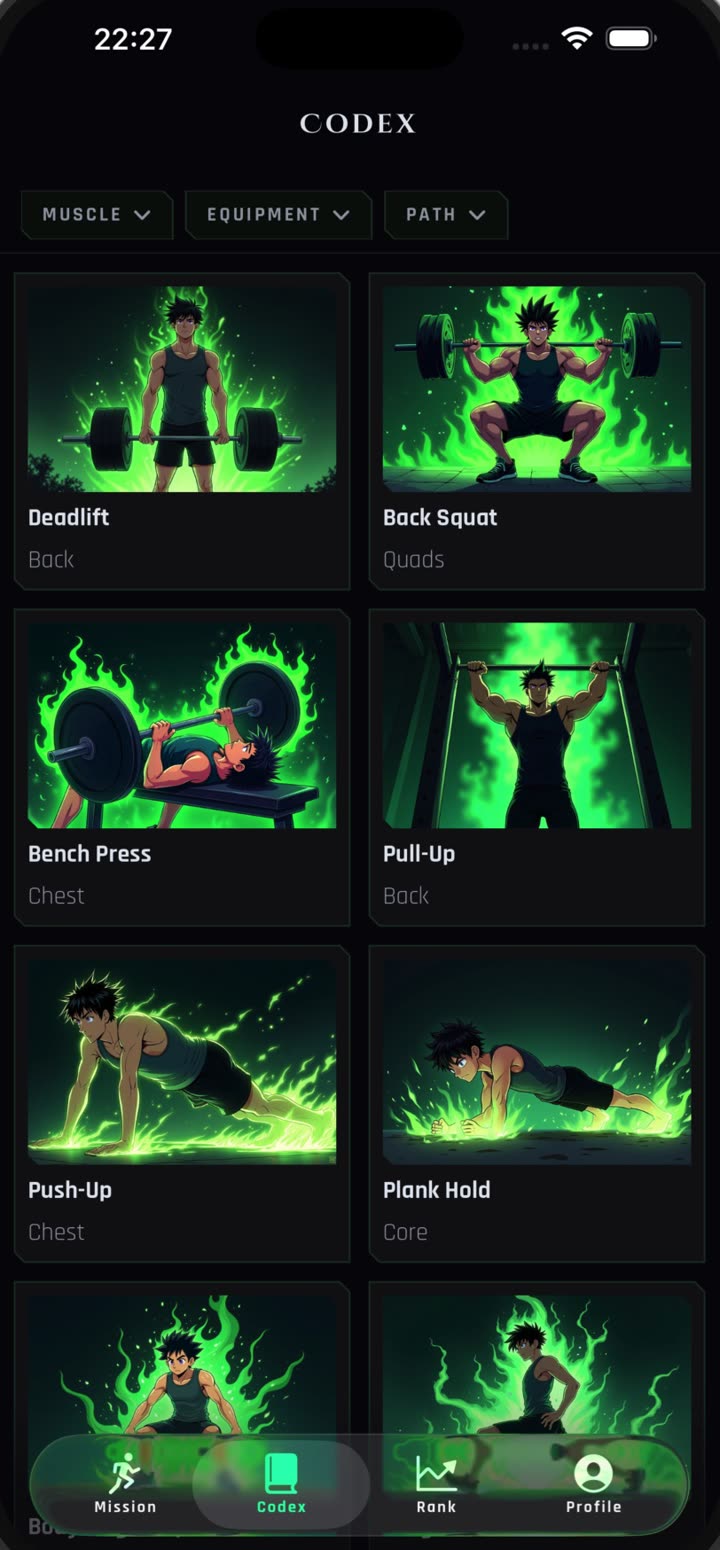 App screen: the Codex of illustrated exercise form guides