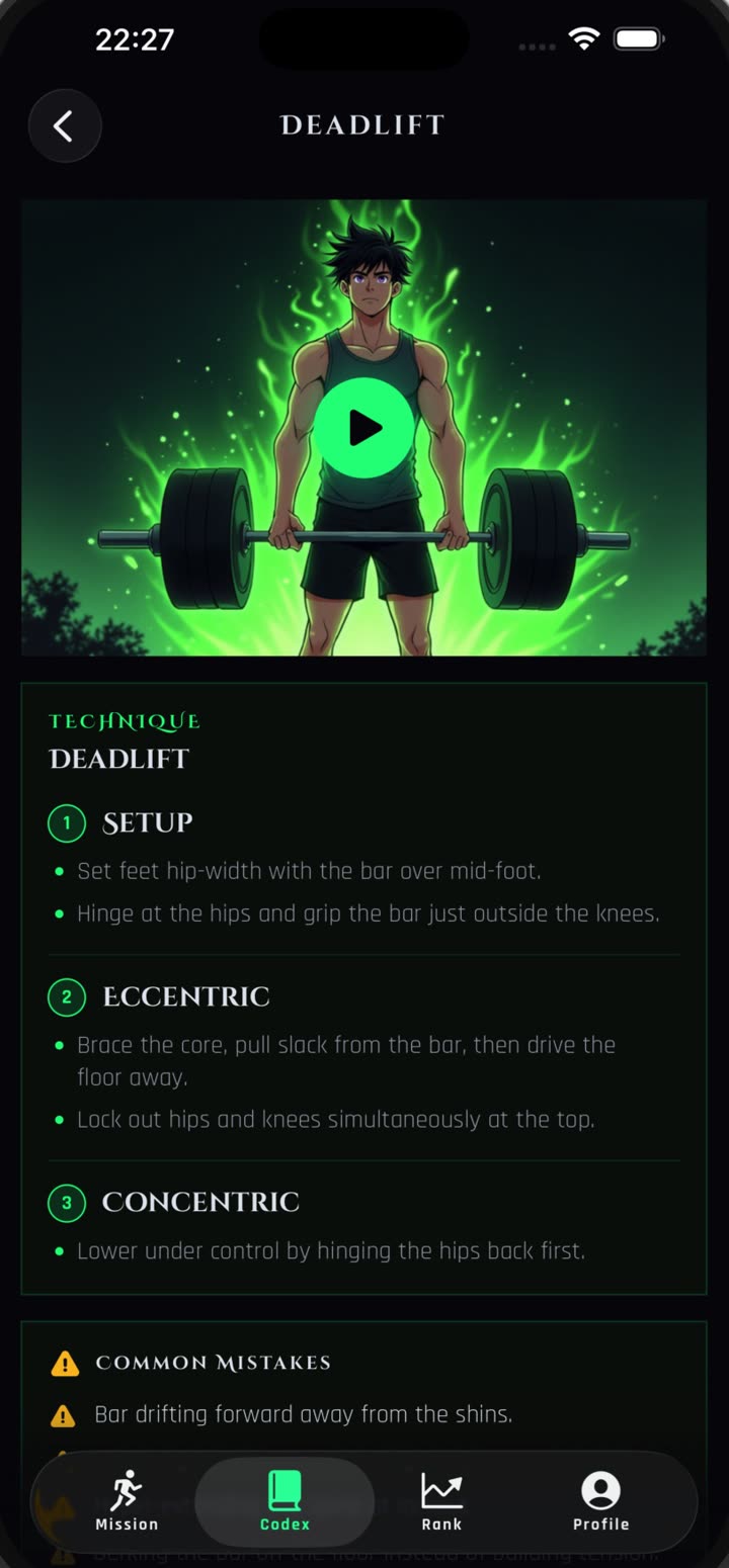 App screen: an illustrated deadlift form guide with technique steps
