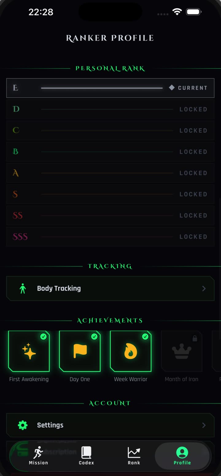 App screen: your Ranker profile with the E to SSS rank ladder