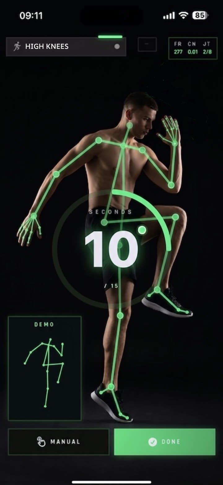 App screen: on-device AI pose detection counting high-knee reps with live skeleton overlay